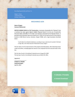 Oregon Mechanics Lien Template
