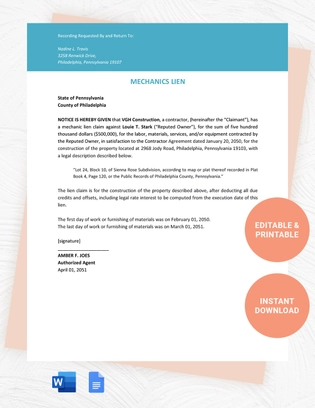 Pennsylvania Mechanics Lien Template