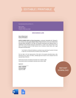 Rhode Island Mechanics Lien Template