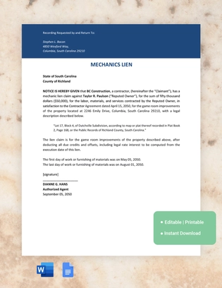 South Carolina Mechanics Lien Template