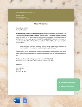 South Dakota Mechanics Lien Template