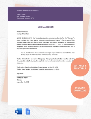 Tennessee Mechanics Lien Template