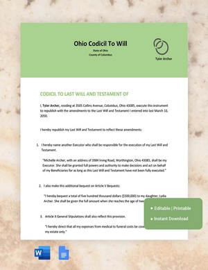 Ohio Codicil To Will Template