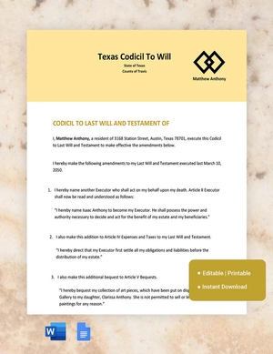 Texas Codicil To Will Template