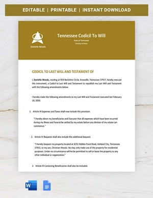 Tennessee Codicil To Will Template