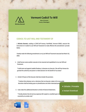 Vermont Codicil To Will Template