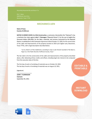 Texas Mechanics Lien Template