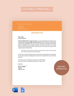 Utah Mechanics Lien Template