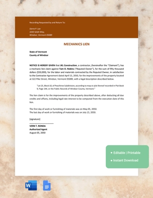 Vermont Mechanics Lien Template