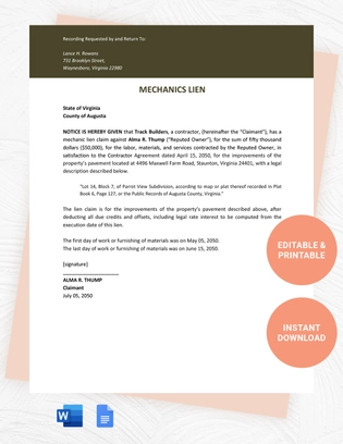 Virginia Mechanics Lien Template