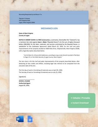 West Virginia Mechanics Lien Template