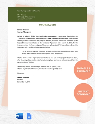 Wisconsin Mechanics Lien Template