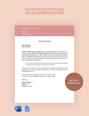 Wyoming Mechanics Lien Template