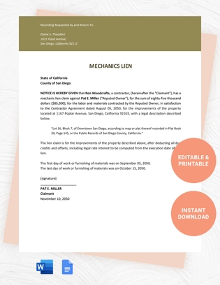 Sample Mechanics Lien Template