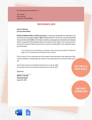 Printable Mechanics Lien Template