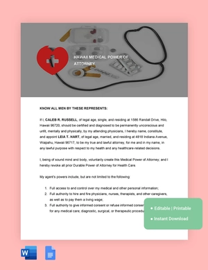Hawaii Medical Power Of Attorney Template