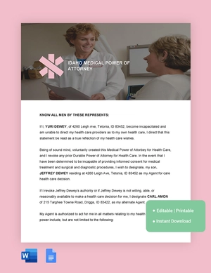 Idaho Medical Power Of Attorney Template