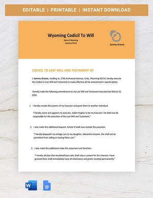 Wyoming Codicil To Will Template