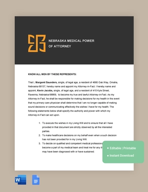 Nebraska Medical Power Of Attorney Template