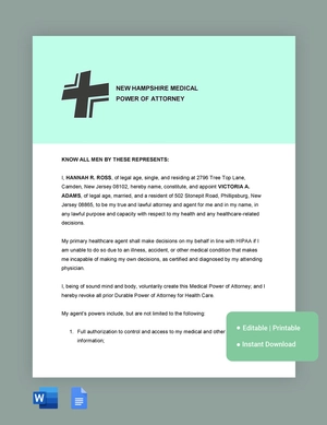 New Hampshire Medical Power Of Attorney Template