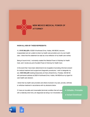 New Mexico Medical Power Of Attorney Template