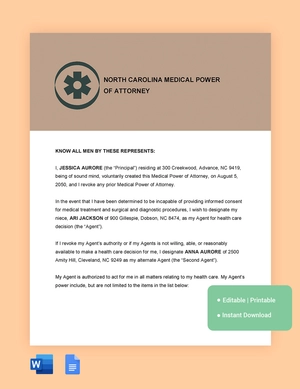 North Carolina Medical Power Of Attorney Template
