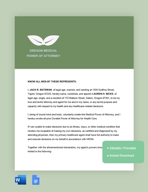 Oregon Medical Power Of Attorney Template