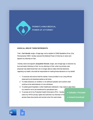 Pennsylvania Medical Power Of Attorney Template