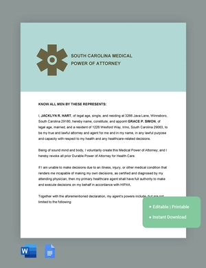 South Carolina Medical Power Of Attorney Template
