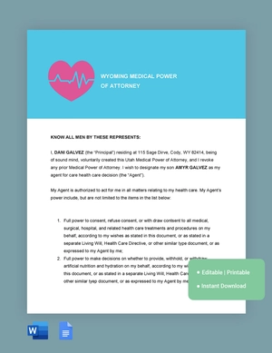 Wyoming Medical Power Of Attorney Template