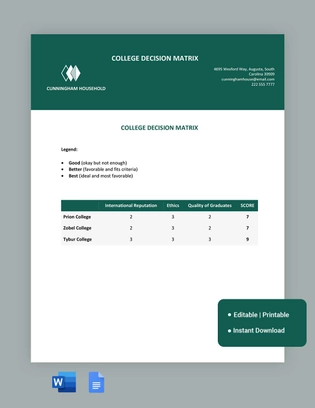 College Decision Matrix Template