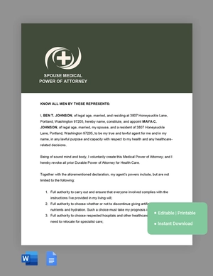 Spouse Medical Power Of Attorney Template