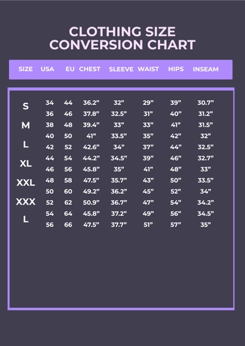 Free Clothing Size Conversion Chart Template to Edit Online
