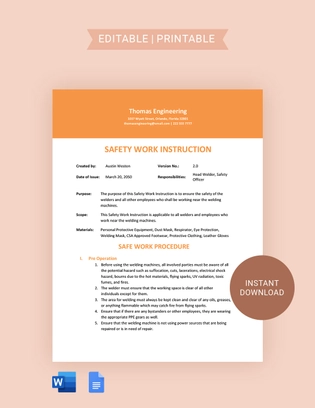 Safety Work Instruction Template