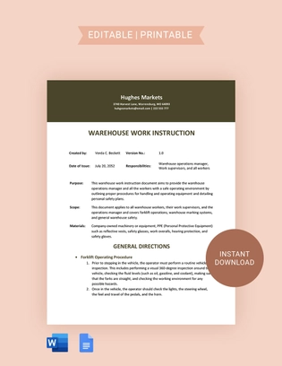 Warehouse Work Instruction Template