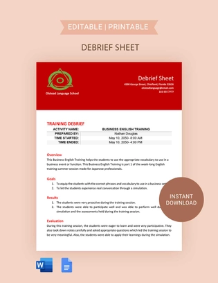 Debrief Sheet Template