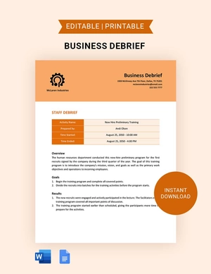 Business Debrief Template