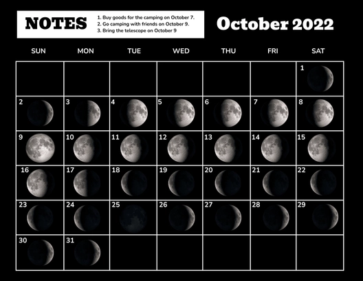 October 2022 Calendar Template With Moon Phases