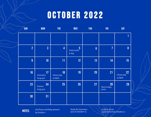 Blue October 2022 Calendar Template