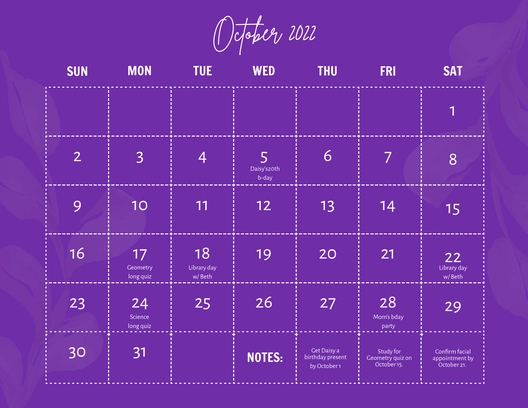 Calligraphy October 2022 Calendar