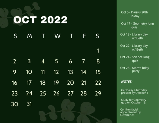 Simple October 2022 Calendar Template