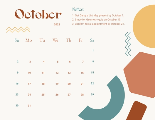 Printable October 2022 Monthly Calendar Template