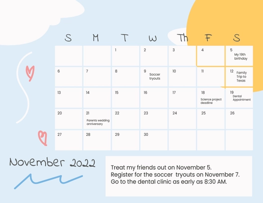Cute November 2022 Calendar Template