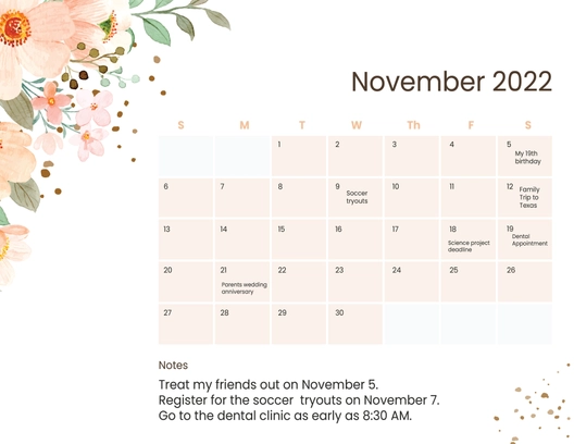 Floral November 2022 Calendar Template