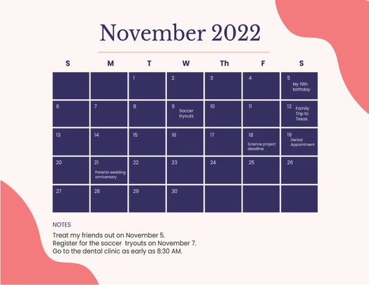Pretty November 2022 Calendar