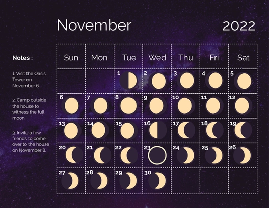 November 2022 Calendar Template With Moon Phases