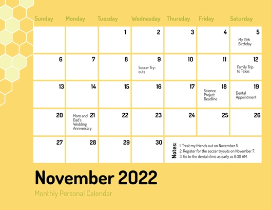 Printable November 2022 Monthly Calendar Template