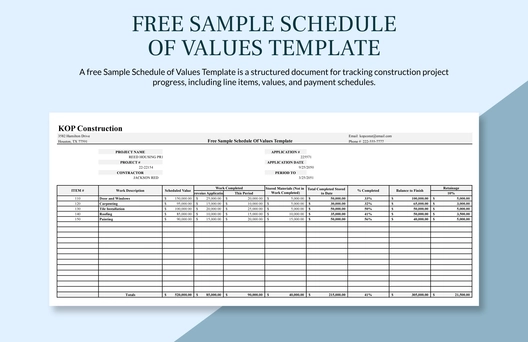 Sample Schedule Of Values Template Sample Schedule Of Values Template