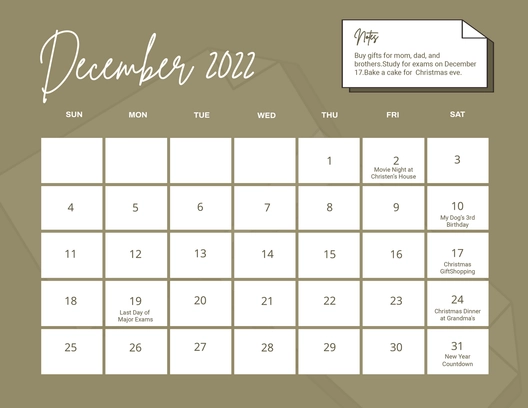Calligraphy December 2022 Calendar