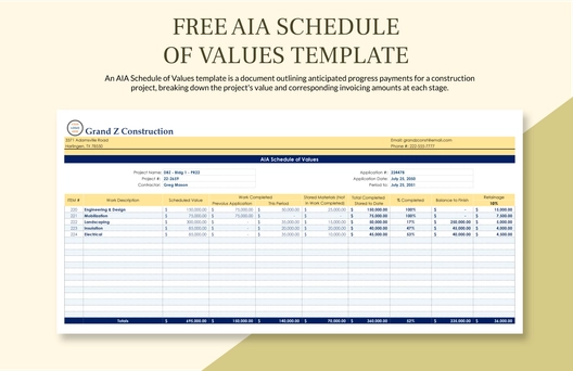 Aia Schedule Of Values Template